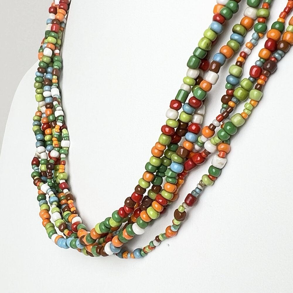 Vintage Festival Artisan Necklace Colorful Seed Beads Multi Strand Boho Chic